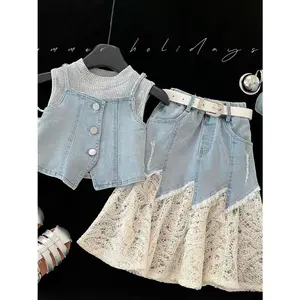 Girls' 3pcs Set: Lace Patchwork Faux Skirt, Faux Vest, and Base Shirt|   Casual Style, Regular Fit, Long Sleeve, Solid Color with Contrast Lace