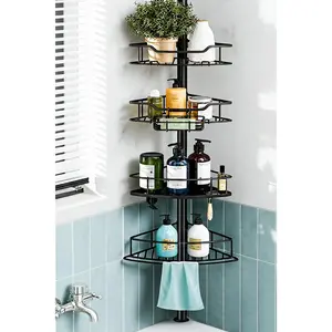 Corner Shower Caddy Tension Pole, 4 Tier Rustproof Shower Tension Rod Organizer, Adjustable 25-125 Inch Bathroom Shower Organizer Shelves for Bathtub Shampoo Storage
