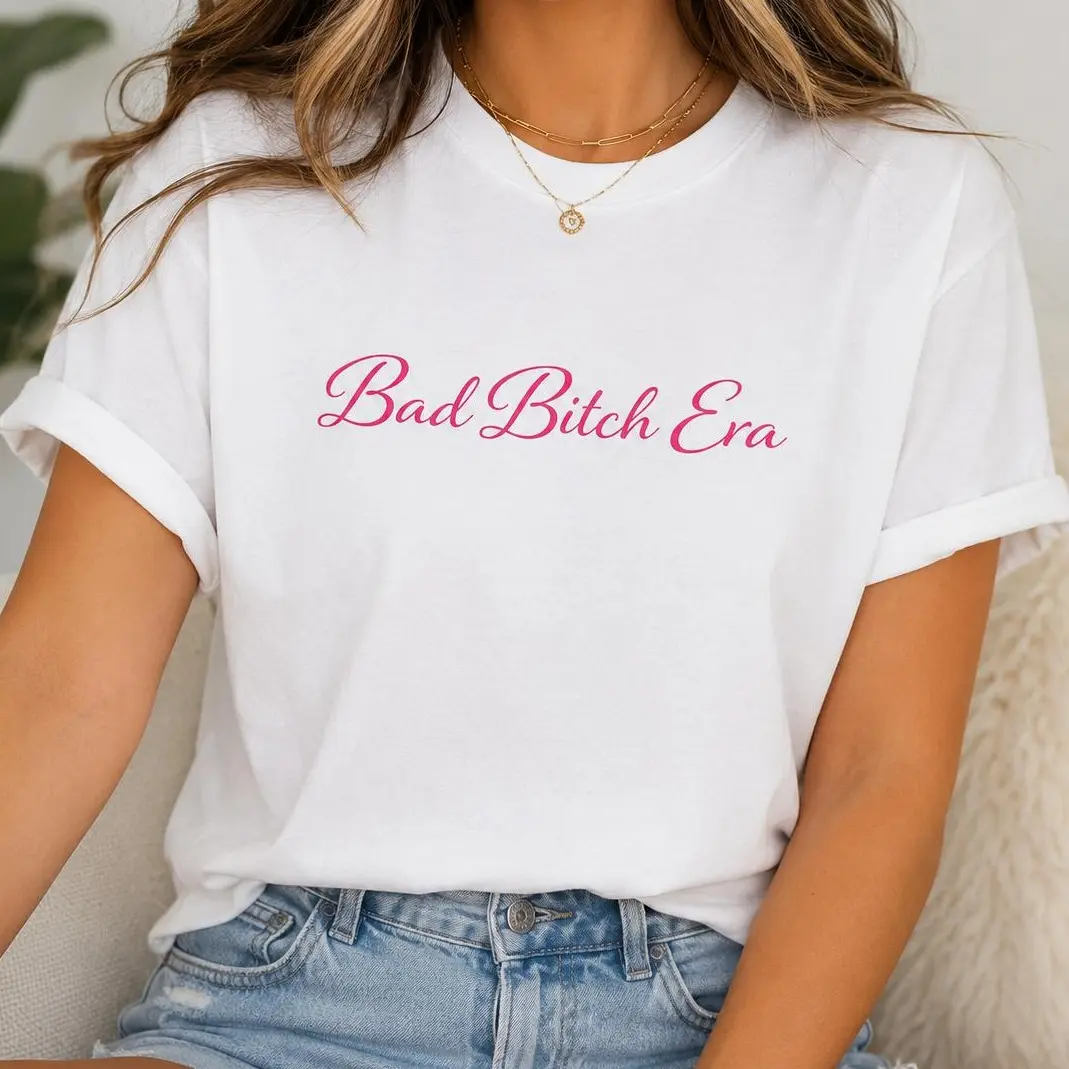 Women's "Bad Bitch Era" T-Shirt, Casual Feminine Script Graphic Top, Short Sleeve Smooth Cotton with Ribbed Neckline