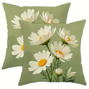 2pcs, Spring Themed Throw Pillow Covers, Daisy Pattern, Green Color Tone, Decoration for Couch Sofa, Room Decor and Bedroom Decor, Suitable for Spring Decoration, 2D Flat, Single Sided Printing, No Pillow Core