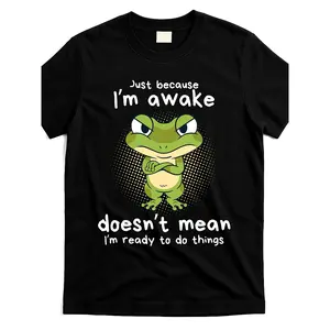 Men's Funny Angry Frog Pattern T-Shirt - "Because I'm Awake" Humorous Design, Moisture-Wicking Fabric, All-Season Comfort, Regular Fit Crew Neck Sports Casual Shirt, Frog Print Top, Comfortable Sports Shirt, Machine Washable Clothing