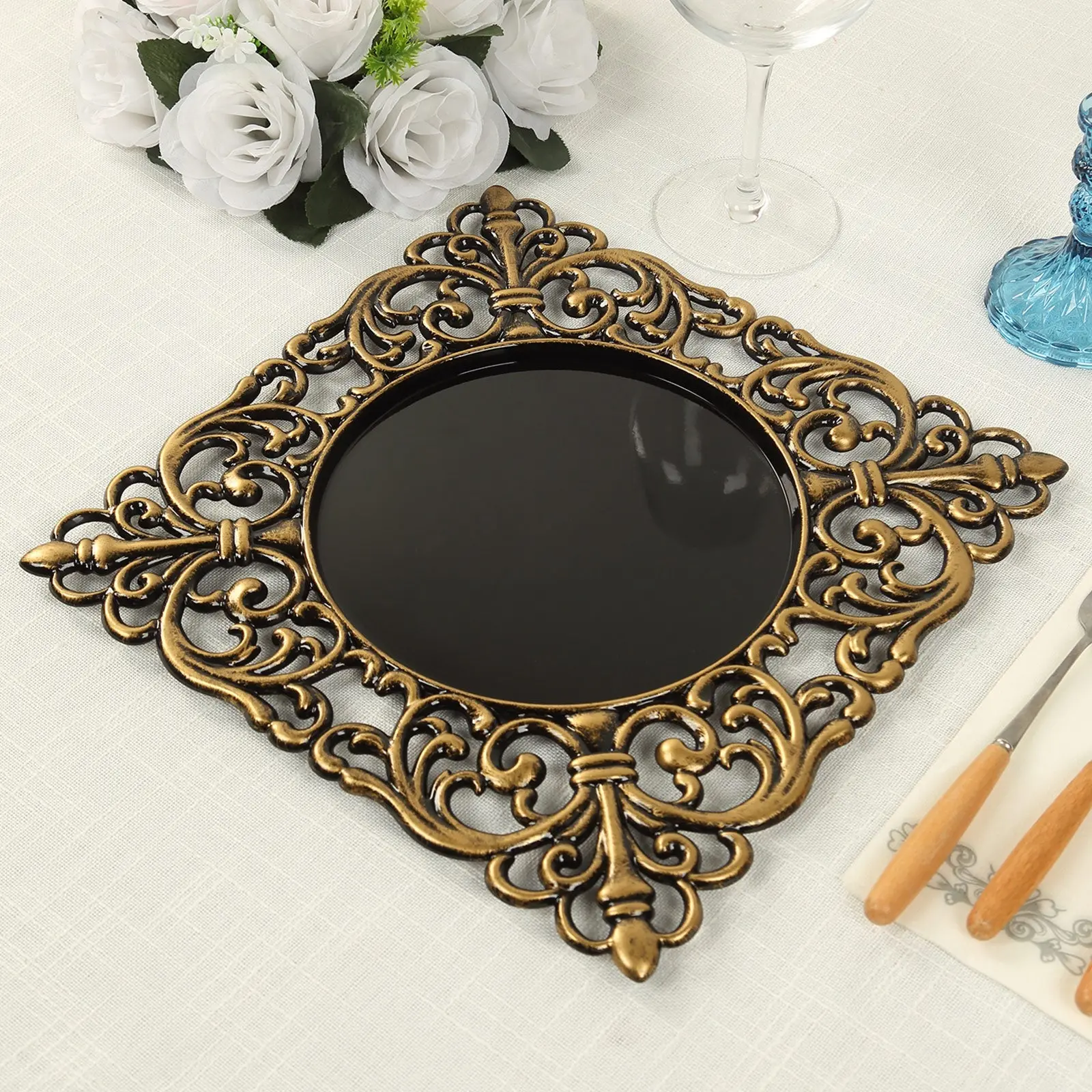 12-Inch Square Acrylic Charger Plates (6-Pack), Black with Antique Gold Hollow Lace Border, Decorated Ornamental Tableware for Event Tabletop Decor, Decorated Plates, Ornamental Plates