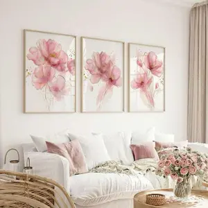 3 Pieces Optional Wooden Frame Pink Rose Blooming Stamen Nordic Wall Poster, Watercolor Floral Print, And Print Canvas Painting Wall Art Picture For Living Room Bedroom Home Decor Color Accurate Reproduction Hanging Painting