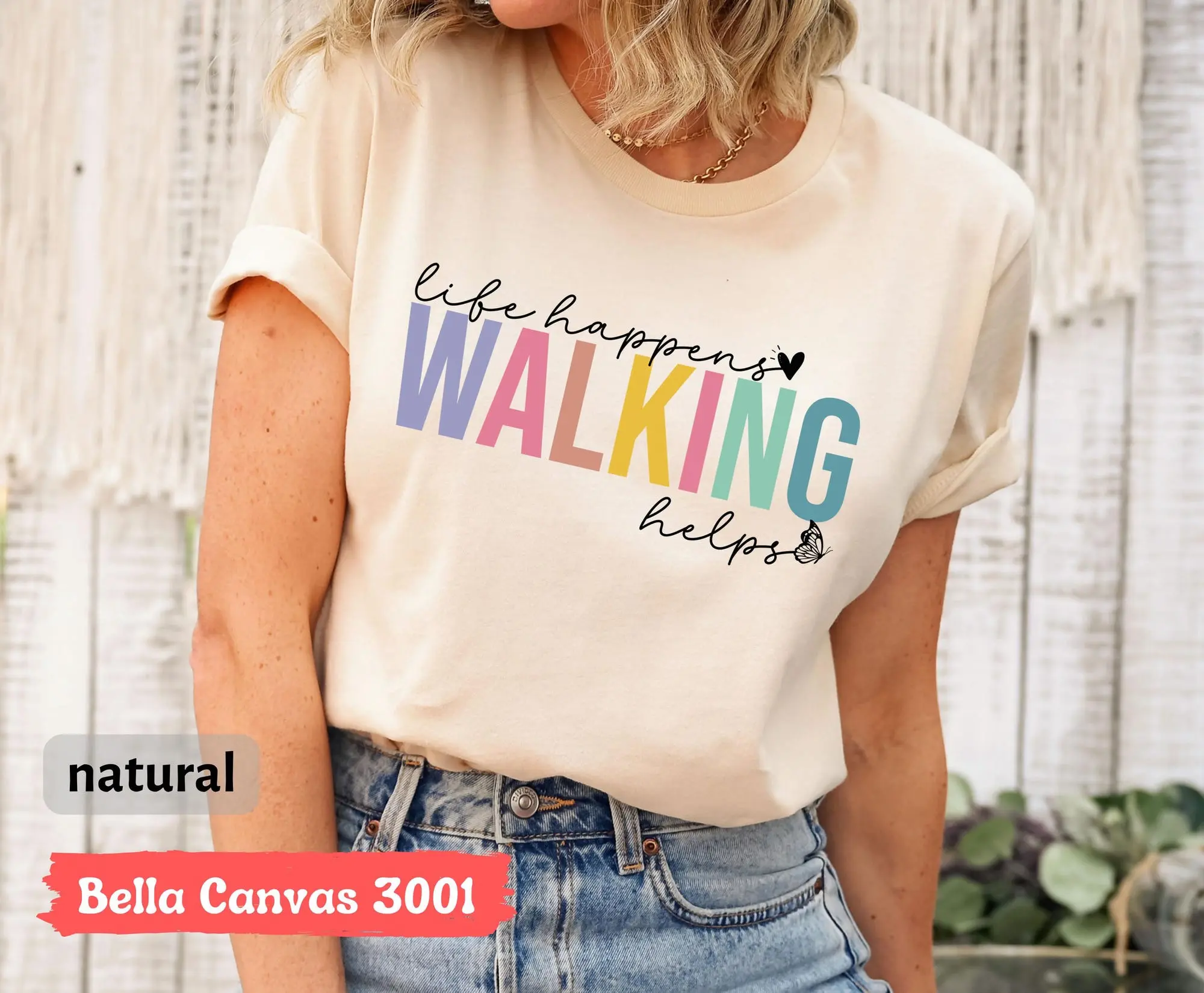 Life Happens Walking Helps T-Shirt, Funny Fitness Walker Graphic Tee, Gift For Hikers Outdoor, Exercise Lovers Casual Walking Top
