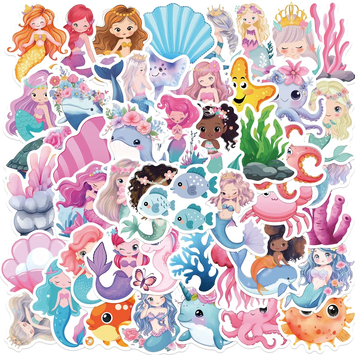 50pcs Mermaid Stickers Ocean Elements Cute Decoration Graffiti Stickers Guitar Notebook Luggage DIY Adhesive Waterproof Decals Versatile Use DIY Decorative Stickers
