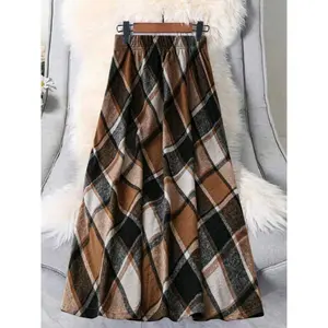 Women's brown checkered elastic waist A-line mid skirt, perfect for autumn and winter, slim fit and versatile.RAIMENTRY