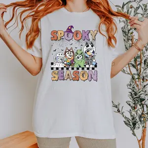 Spooky Season Blueyy Halloween, Vintage Trendy Casual T-shirt For Daily Wear, Casual Lady Streetwear Top, Womenswear Cotton Fabric Relaxed Fit Style
