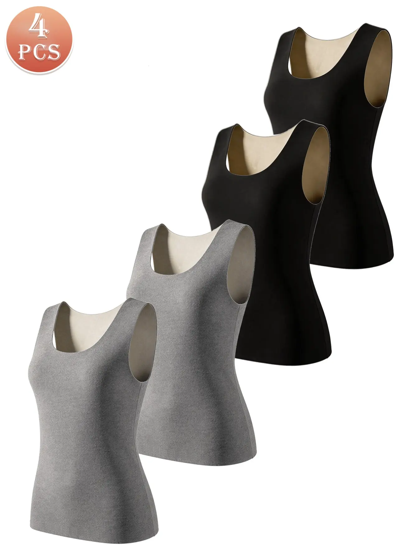 4-Pack Women's Square Neck Fleece Lined Thermal Tank Top, Seamless Heat Generating Warm Undershirt, High Elastic Slim Fit Minimalist No Bulk, Wide Strap No Digging Invisible Layering Top for Daily Cold Weather Wear, Womenswear, Lady