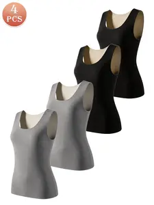 4-Pack Women's Square Neck Fleece Lined Thermal Tank Top, Seamless Heat Generating Warm Undershirt, High Elastic Slim Fit No Bulk, Wide Strap No Digging Invisible Layering Top for Daily Cold Weather Wear