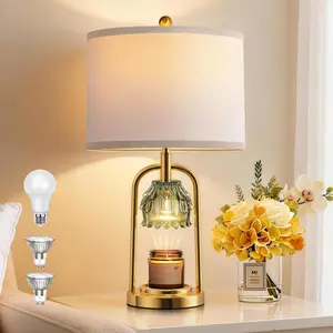 Candle Warmer Lamp with Timer Dimmer, Modern Table Lamp Wax Warmer for Scented Wax Jar, Glass Lamp Candle Warmer with 2 Bulbs, Women Gifts, House Warming Gifts, Home Decor, Brushed Gold Green