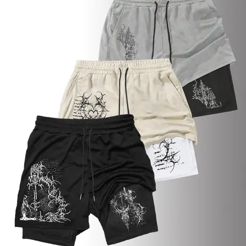 3-Pack Men's Casual Athletic 2-in-1 Shorts, Street Style Letter Print Fitted Shorts, Summer Clothes, Comfortable Breathable Fabric, Ideal for Daily Wear and Outdoor Activities, Athleisure Street Shorts