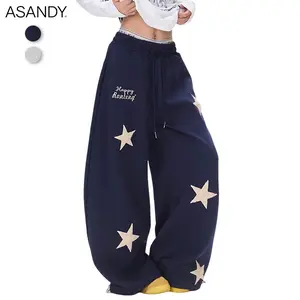 ASANDY Navy Oversized Sweatpants for Women with Star Appliqué Text Embroidery Adjustable Drawstring Waist Retro Streetwear Casual Daily Comfort Pants