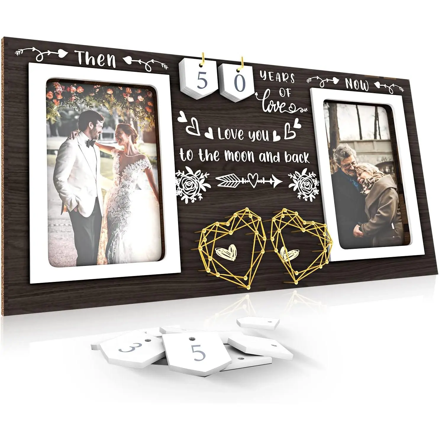 Rustic Wooden Anniversary Photo Frame - MDF & Glass Construction, Cotton Accents, 1-99 Years Wedding Gift for Couples, Holds 2 4x6 in Photos, Home Decoration, Home Supplies