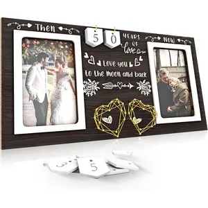 Then & Now Anniversary Picture Frame - 1-99 Years Anniversary Wedding Gift for Couple, Engagement Bridal Shower Gifts for Couples Wood Photo Frame Holds 2 4x6 Inches Photos
