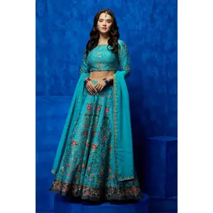 Turquoise floral printed lehenga set