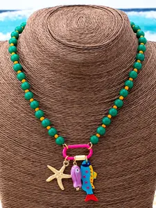 Summer Beach Vacation Style Multi-Layer Resin Bead Necklace, Colorful Fish and Starfish Pendant, Boho Jewelry for Parties, Chunky Necklace