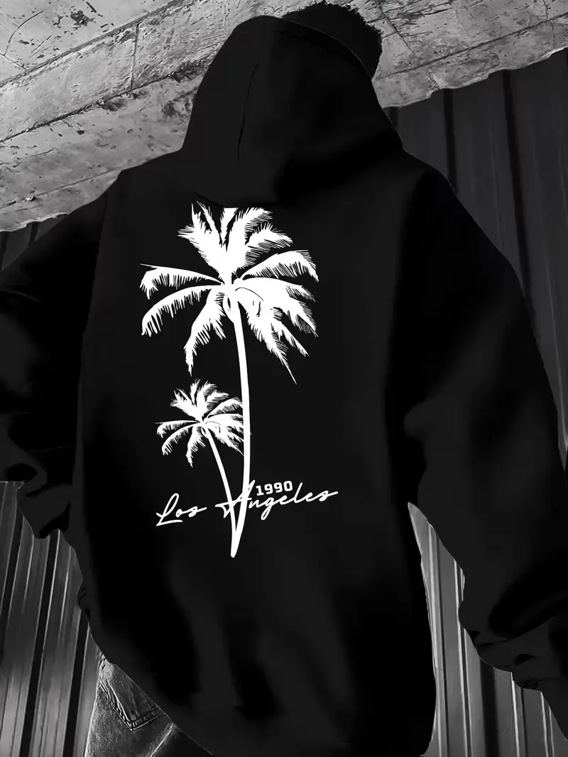Men's Tropical Pullover Hoodie, Stylish Long Sleeve Sweatshirt with Coconut Tree Front and Back Graphic Print, Sweatshirts, Menswear, Tops, Casual, Machine Wash