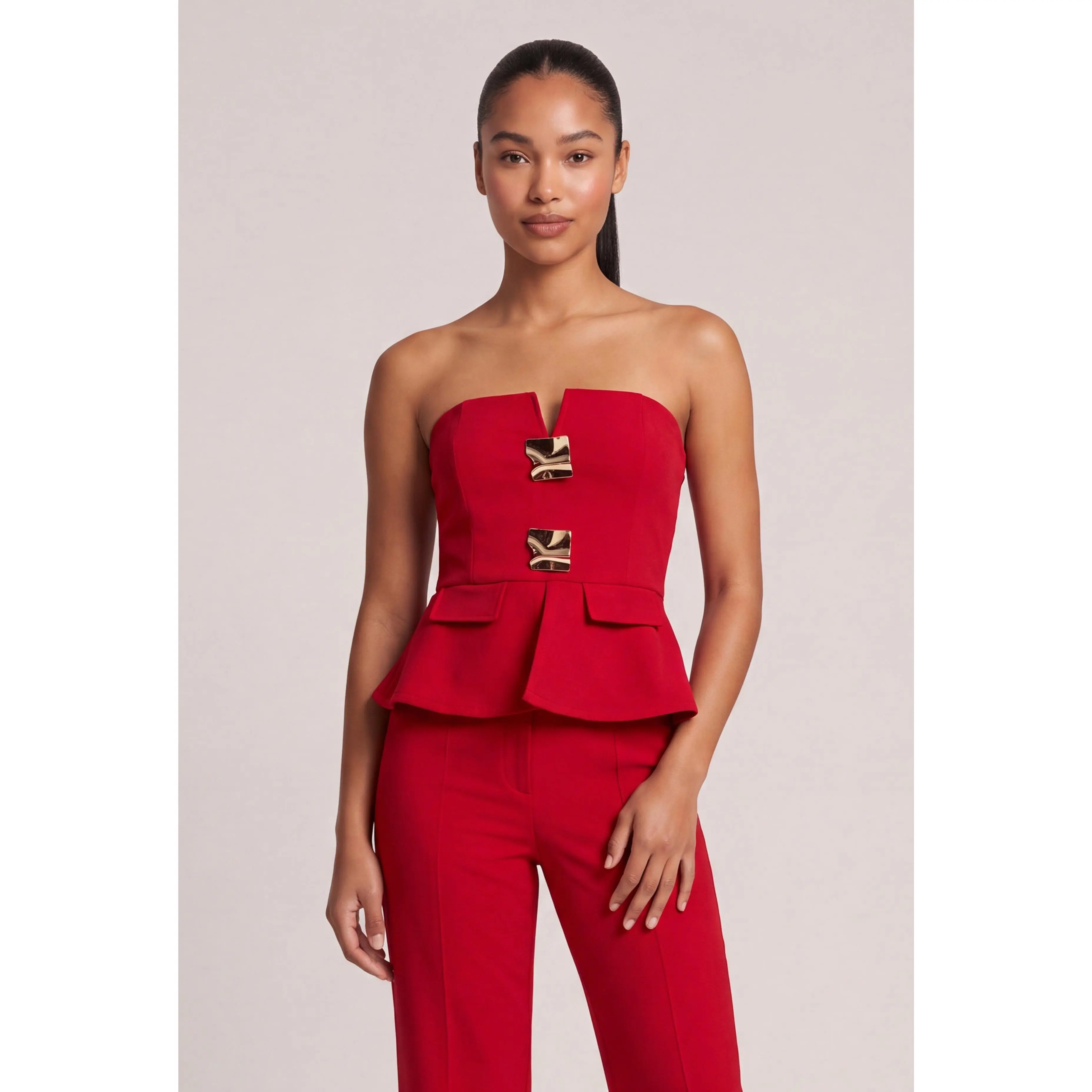 Metallic Detail Strapless Peplum Top
