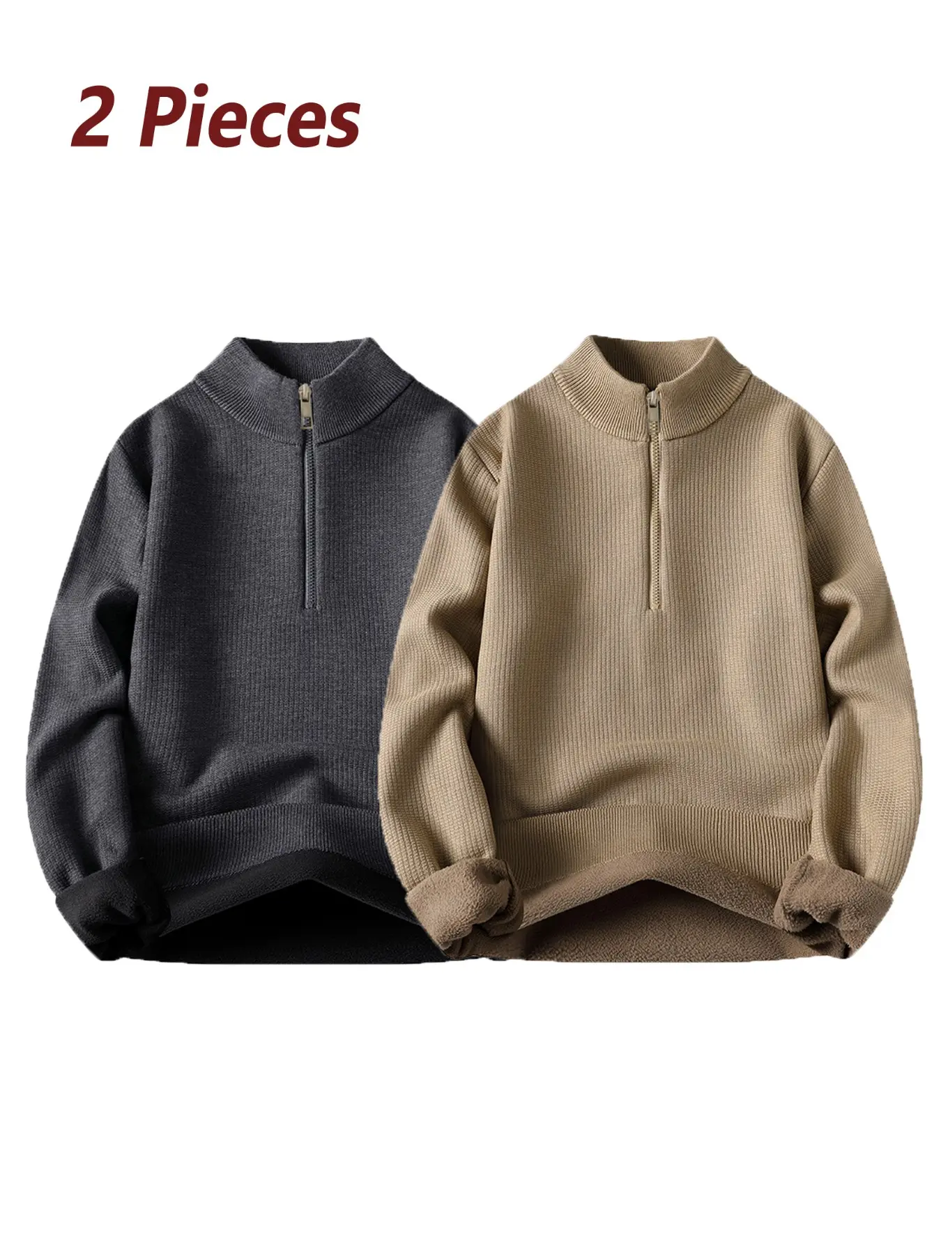2-Pack Half-Zip Stand Collar Sweater, Windproof Neck Protection, Metal Zipper, Textured Knit, Warm Lining, Fall & Winter Casual Wear