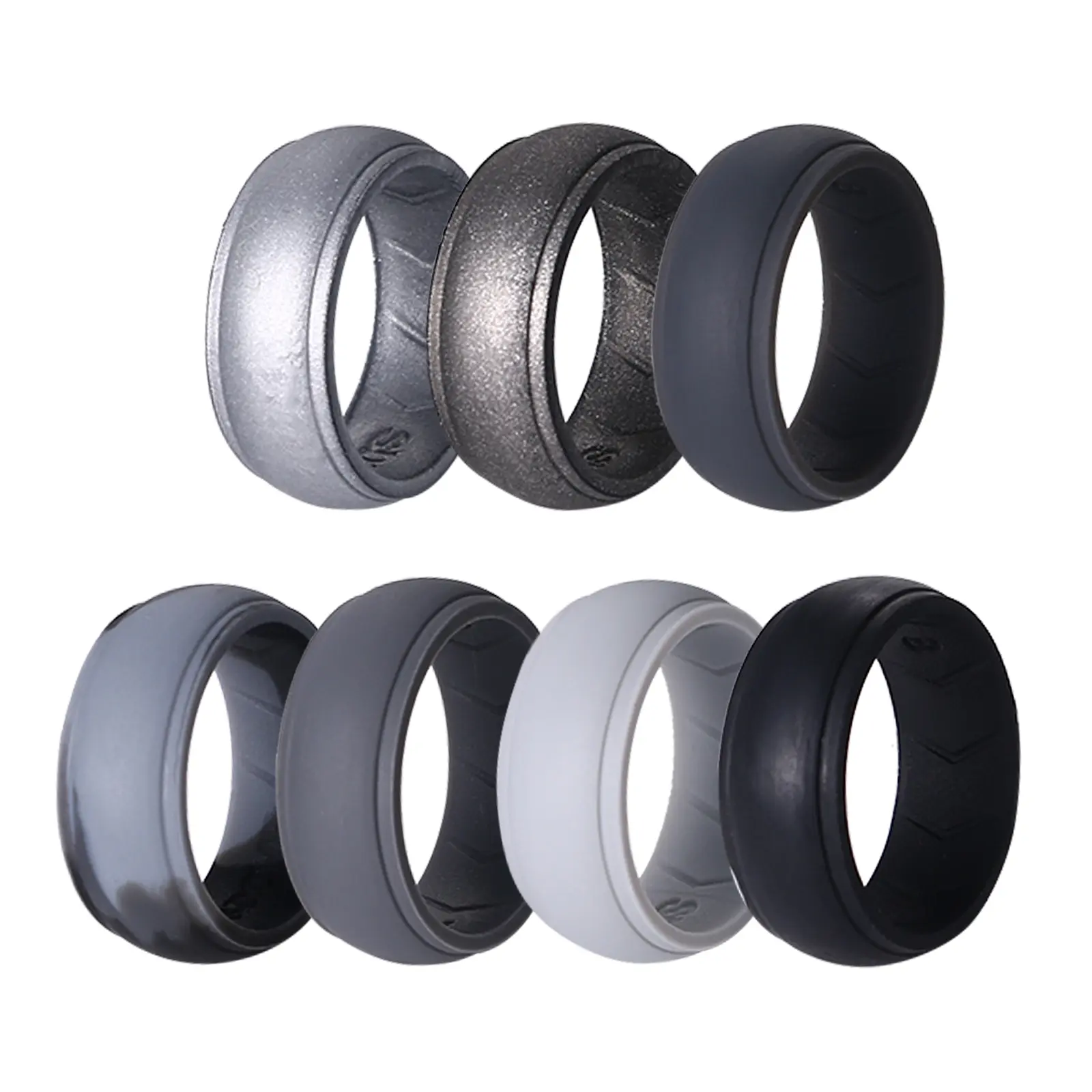 OIDEA Men's Liquid Silicone Wedding Rings, 8mm Breathable Grooved Curved Rubber Bands, 7-Pack Sport Rings for Men, Liquid Silicone Rings