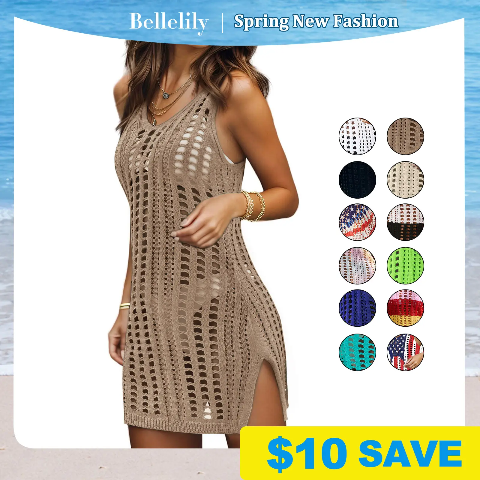 Bellelily Women's Swimwear Cover-Up Vacation Round Neck Design Bathrobe Cover-Up Breathable Very Lightweight Crochet Knit Beach Dress Hollow Cut Split