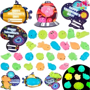 28 Packs Valentines Day Gift Cards with Mochi Squishy Toys, Glow in The Dark Mochis, Stress Relief Fidget Toys for Kids Valentine's Party Favors, Classroom Exchange School Prizes