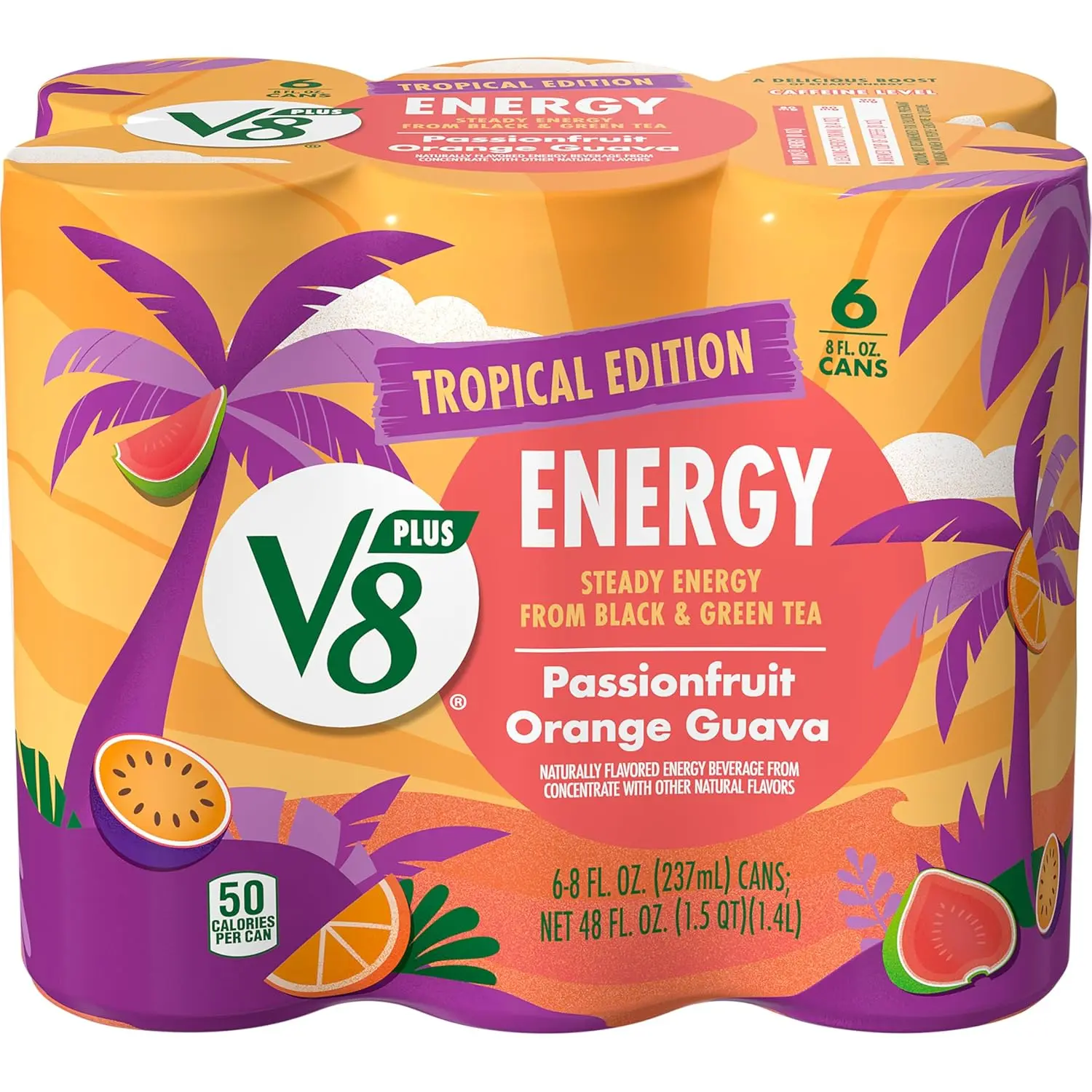 V8 +Energy Passionfruit Orange Guava Juice Energy Drink, 8 fl oz Can (6 Pack) – Pack of 6 (8 Fl Oz)