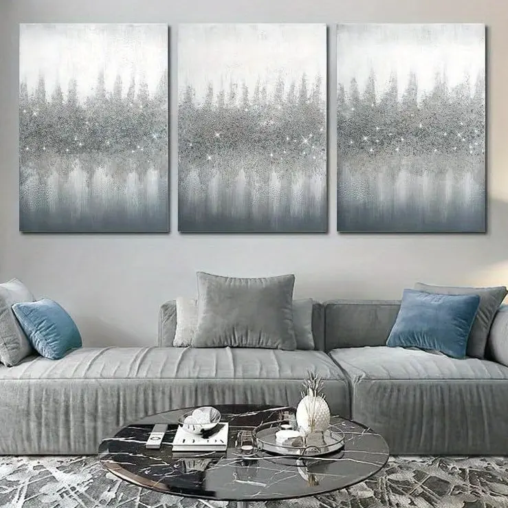 3Pcs Decorative Wood-Framed 2D Waterproof Canvas Painting - Silver Sequins Gray Abstract Wall Art for Living Room, Gift-Ready Housewarming Birthday Presents