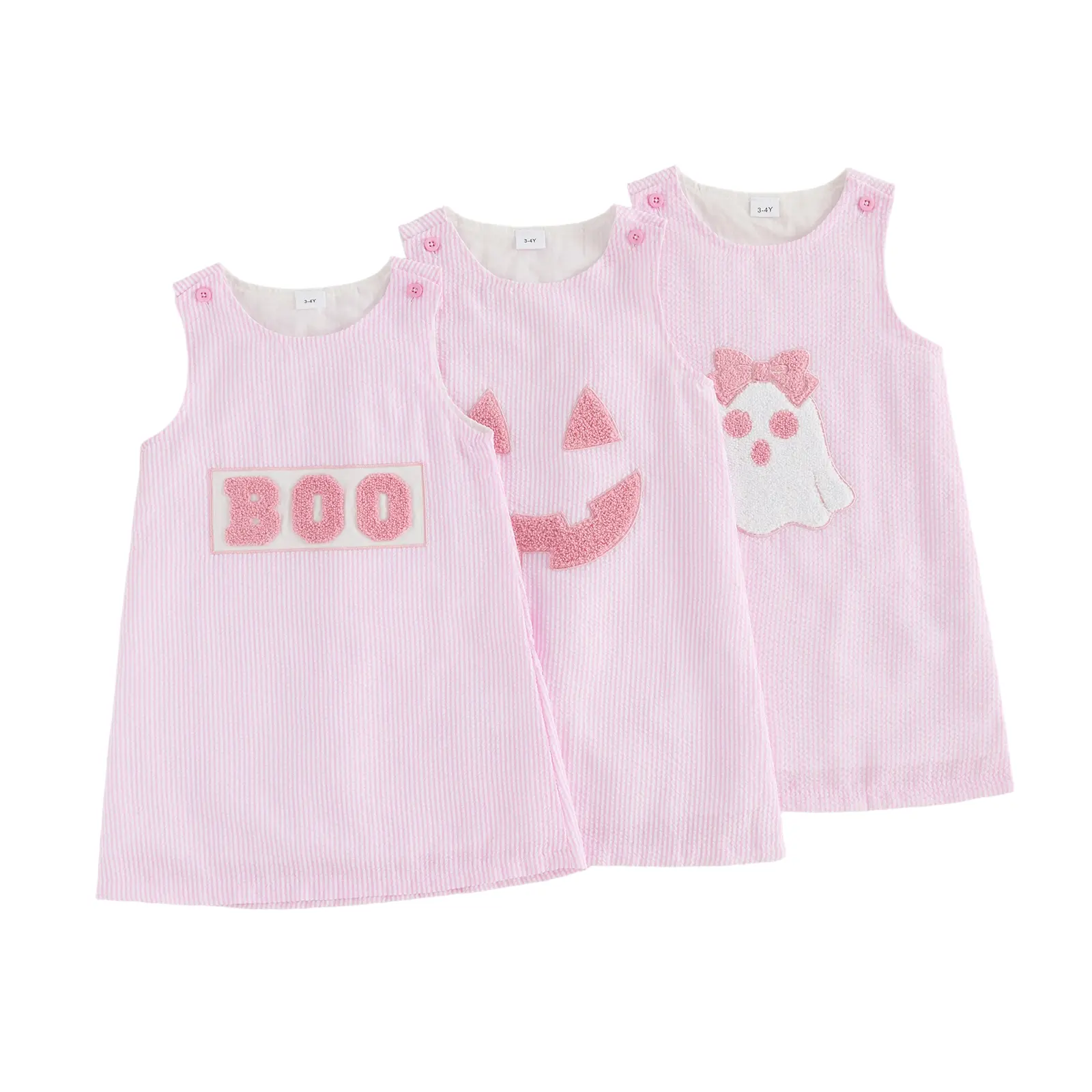 Toddler Baby Little Girl Halloween Dress Sleeveless Letters/Ghost Embroidery Striped Tank Dress 1-5 Years