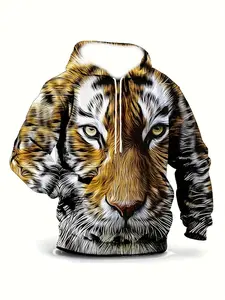 Men's Tiger Print Hoodie - Casual Sports Pullover with Drawstring, Machine Washable Polyester, Casual Sportswear