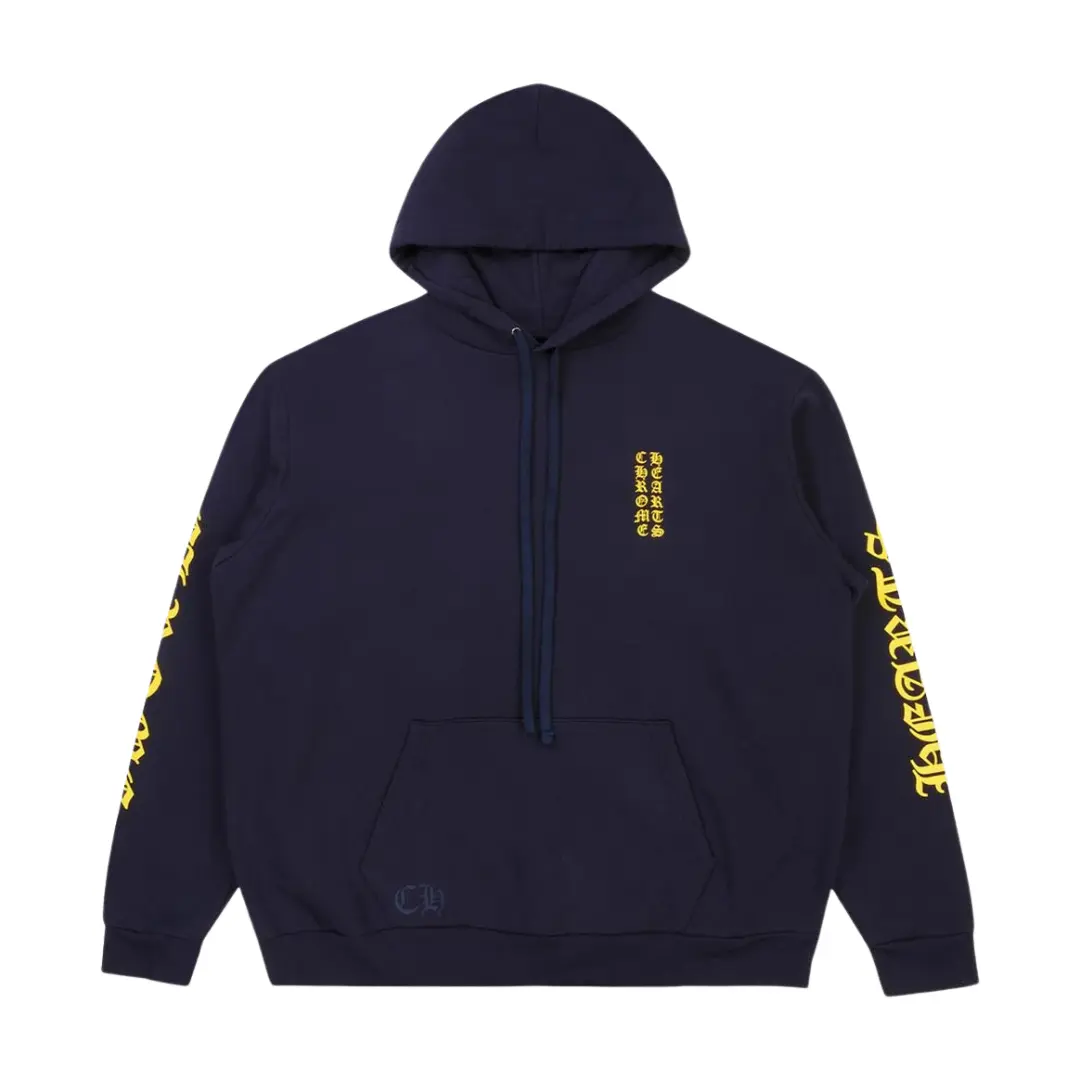 Men's Chrome Hearts 'Vertical Logo' Navy & Yellow Cotton Fleece Graphic Long-Sleeve Pullover Hoodie