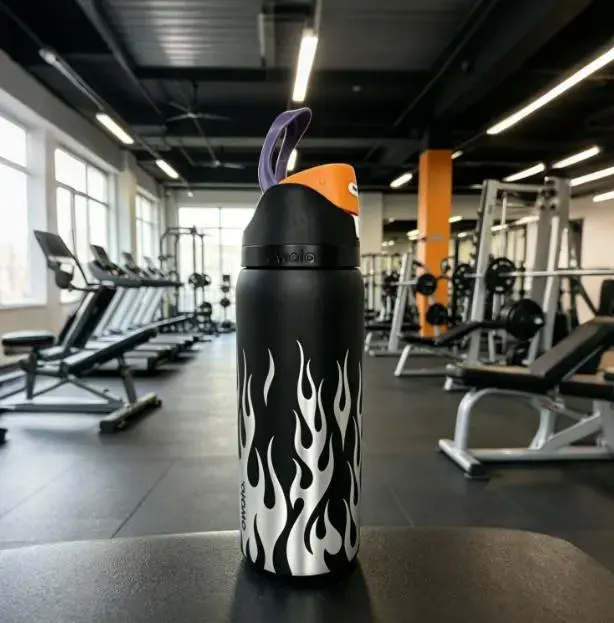 Owala Flame Design Water Bottle for Gym Use - Black with White Flames - Ideal for Fitness Enthusiasts - Durable and Stylish