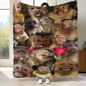 Animal Theme Monkey Print Plush Blanket, 280GSM Contemporary Mix Design, Soft Comfortable All-Season Textile, Fade Resistant, for Home Sofa Bed Indoor Use, Ideal Christmas-Birthday Gift
