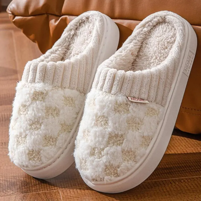 Men's & Women's Classic Checkered Plush Slippers - Retro Cotton Footwear with Warm Fuzzy Memory Foam, Non-Slip Rubber Sole, Indoor-Outdoor Winter Bedroom Shoes