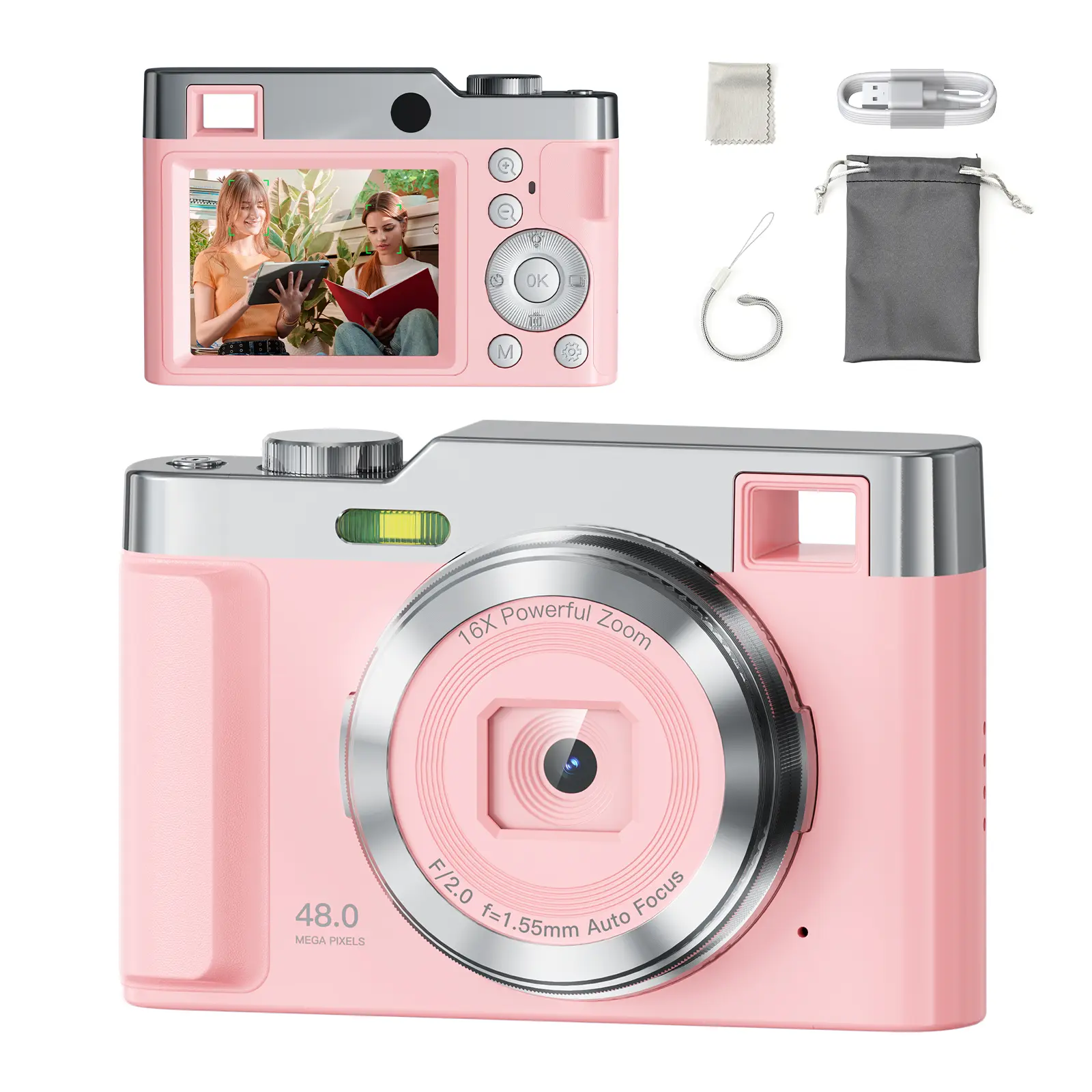 DC02 Pink Digital Camera 48MP Photos 4K UHD Video 16X Zoom Auto Focus Built-in Fill Light Self-timer Continuous Shooting Smile Capture Pause Recording 500mAh Battery