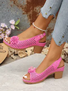 Plus Size Floral High Heels PU Leather Upper Sandals for Women, Fashionable Casual Roman Style with Buckle, Trendy Summer Footwear