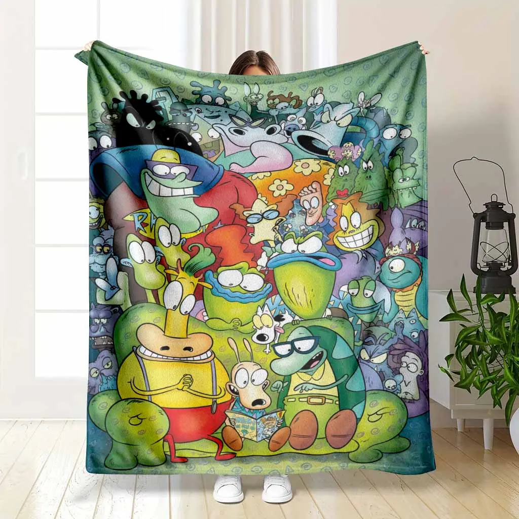 Retro 90s Cartoon Characters Flannel Blanket Funny Animation Print Soft Plush Throw Warm Lightweight Breathable Fuzzy Coverlet Ideal For Living Room Bed Sofa Nap Travel Camping Housewarming Decor