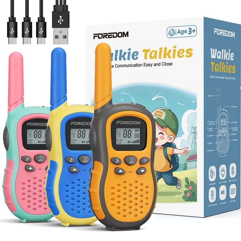 FOREDOM Rechargeable Handheld Walkie Talkie Kids Toy, 22-Channel 2-Way Radio with Flashlight + VOX, Rechargeable Li-Ion, Dual Charging, Long-Range Communication, Electronic Gadget for 3+ Ages, Kid Stuff for Boys, Little Boy Gifts, Christmas Gifts for Kids