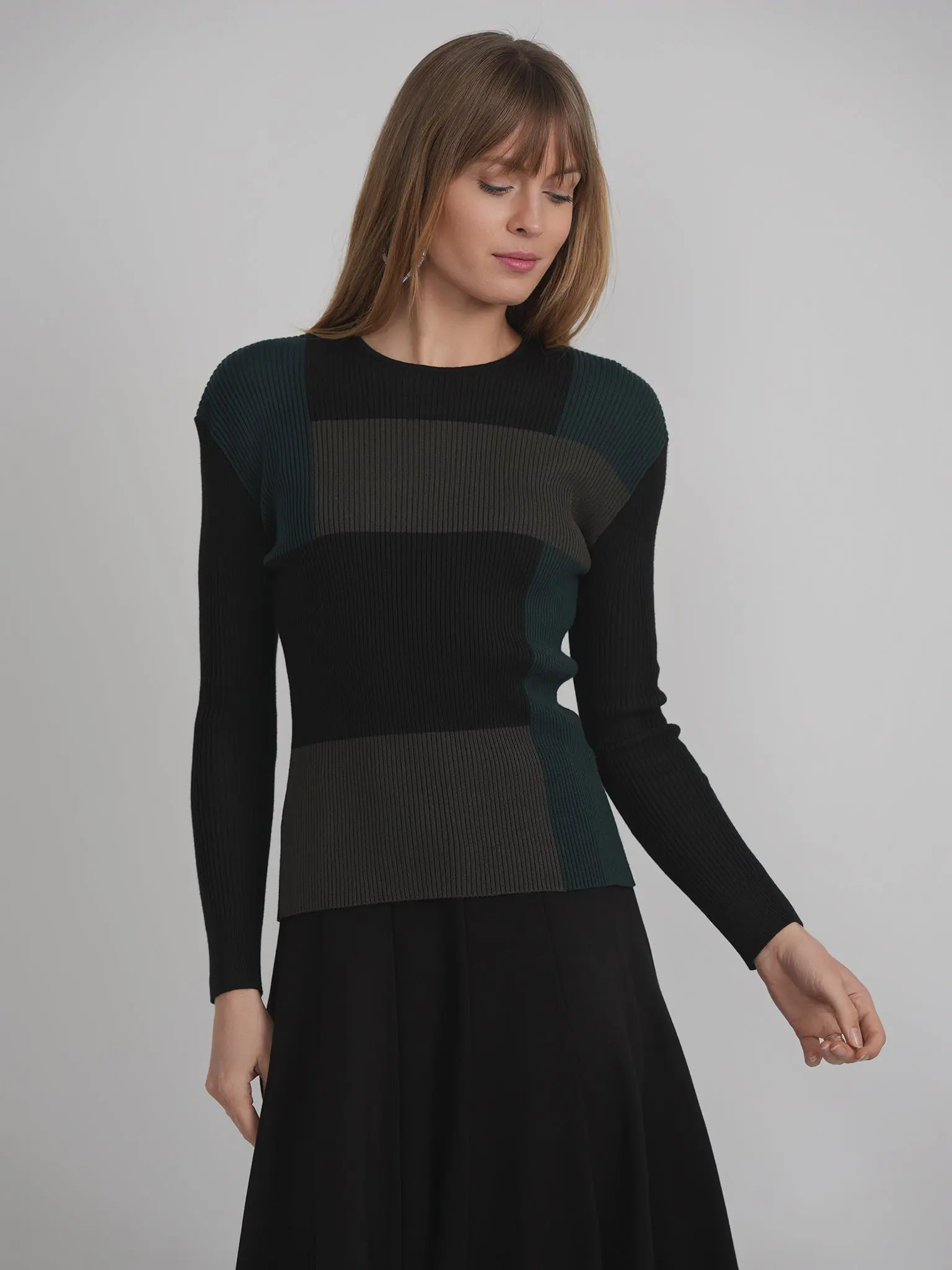 Color Blocked Rib Combo Sweater - Long Sleeve Knit Top with Stripe Pattern in Black and Gray for Women's Wear