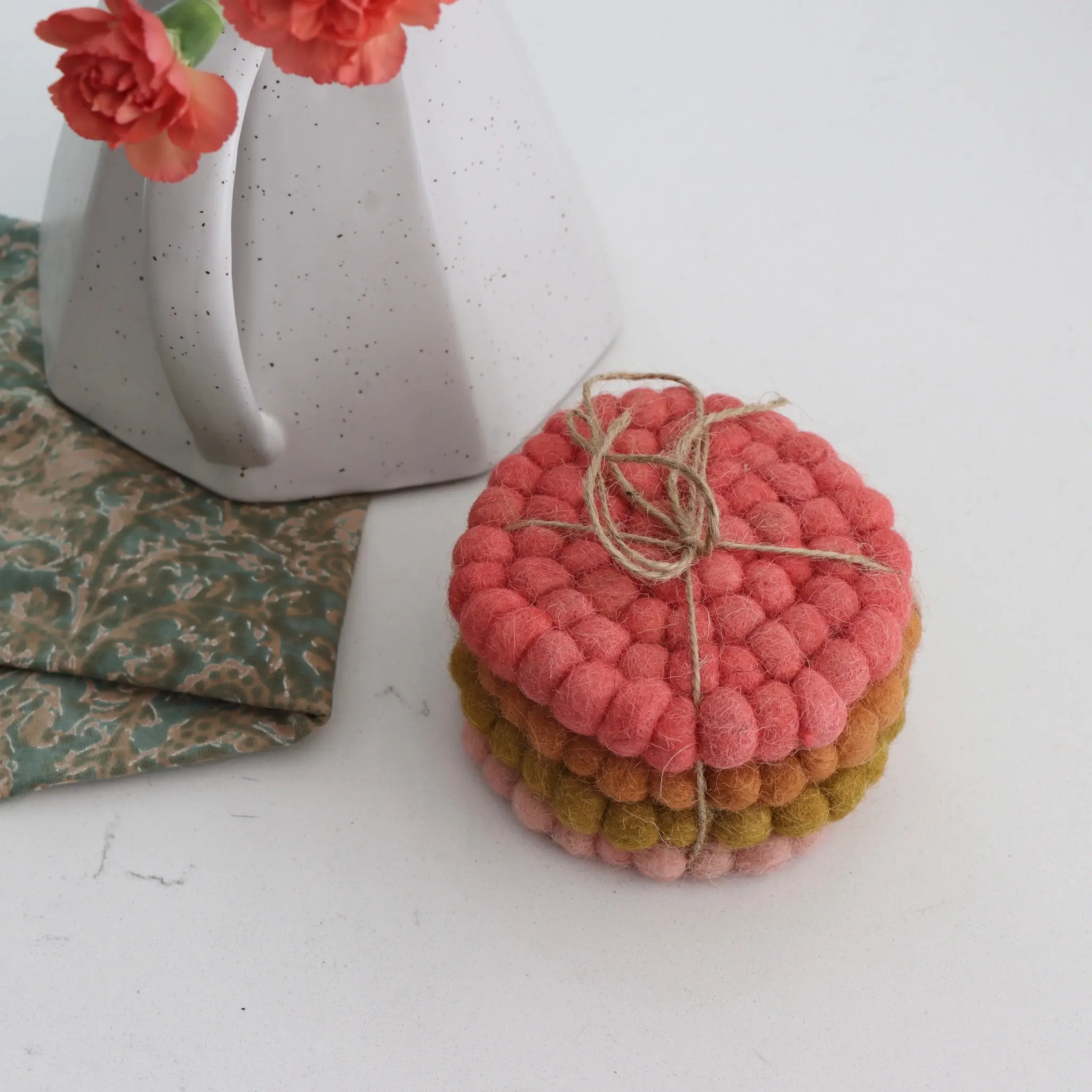 Terracotta Earth Handmade Wool Felt Ball Coasters - Set of 4