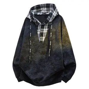 Vintage Plaid Colorblock Patchwork Fake Two-Piece Tie-Dye Hooded Sweatshirt for Men Spring Autumn Couple Casual Top Teenagers Sports Leisure Hoodie Plaid Hooded Jacket Versatile Loose Trendy Baseball Cap Bottoming Shirt Soft Comfortable Fabric Suitable fo