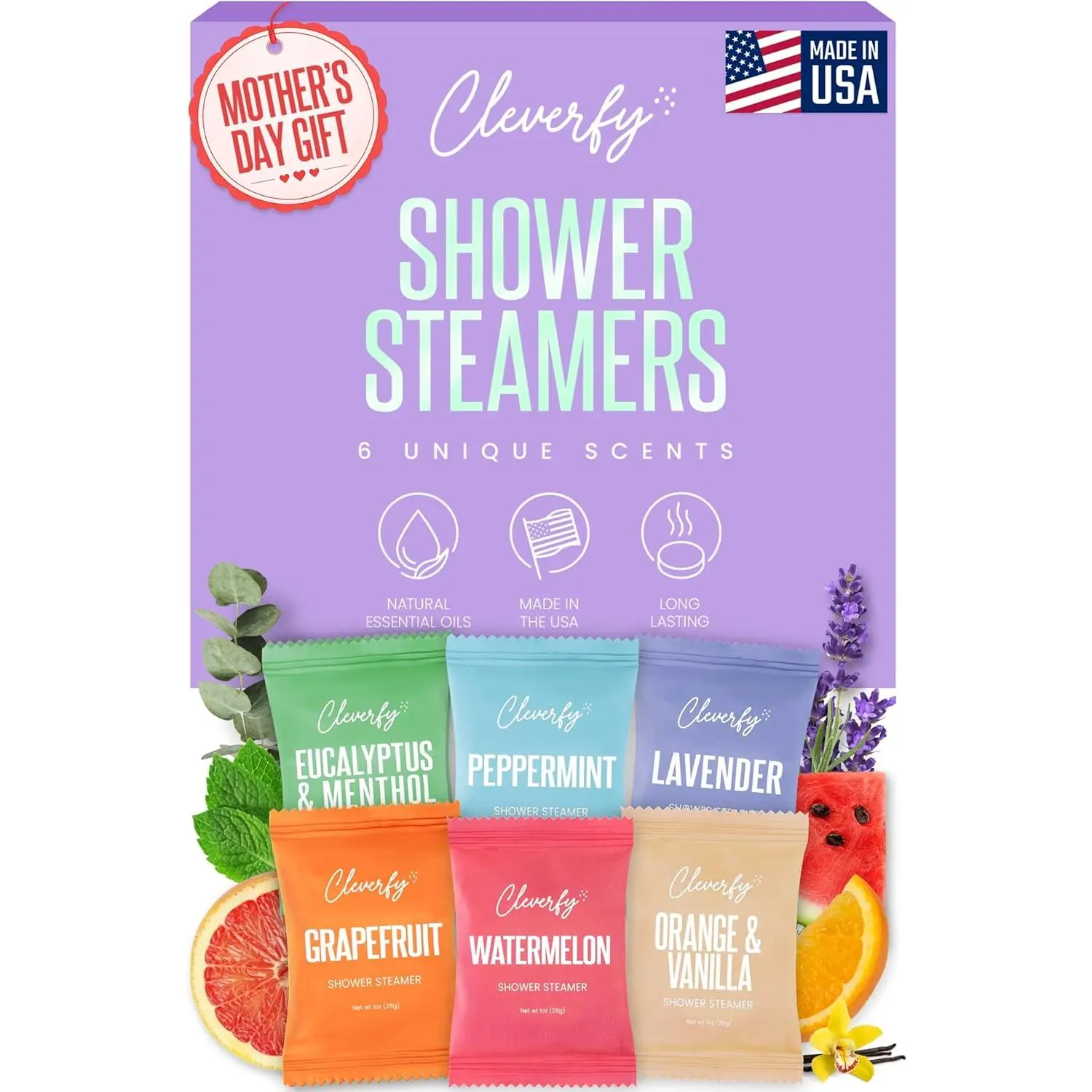 CLEVERFY Shower Steamers Aromatherapy Variety Pack, Set of 6 Tablets for Stress Relief with Long-Lasting Fragrance, Includes Menthol & Watermelon Scents, Mother's Day Gift for Adults, Grapefruit, Peppermint, Soothing, Cruelty Free, Natural Oils, Invigorat