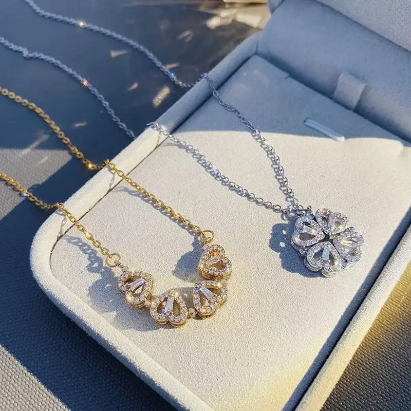 2PCS Folding Dual-Wear Four-Leaf Clover Necklaces Fastness Lucky Choker Heart Four-Leaf Clover Magnetic Ornament Titanium Steel Jewelry
