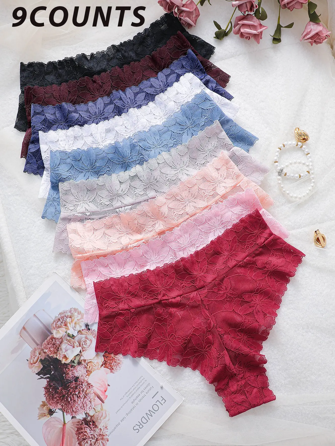 Women's High-Waisted Lace Thong Panties, Knitted Stretch Underwear, Sheer Floral Lace Pattern, Multi-Color Options, Soft Skin-Friendly, Perfect for Daily Wear & Dates