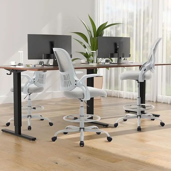 Grey Ergonomic Drafting Chair for Standing Desks – Adjustable Foot Ring & Lumbar Support, Movable Armrests, Counter-Height Office Stool | 2 Color Options