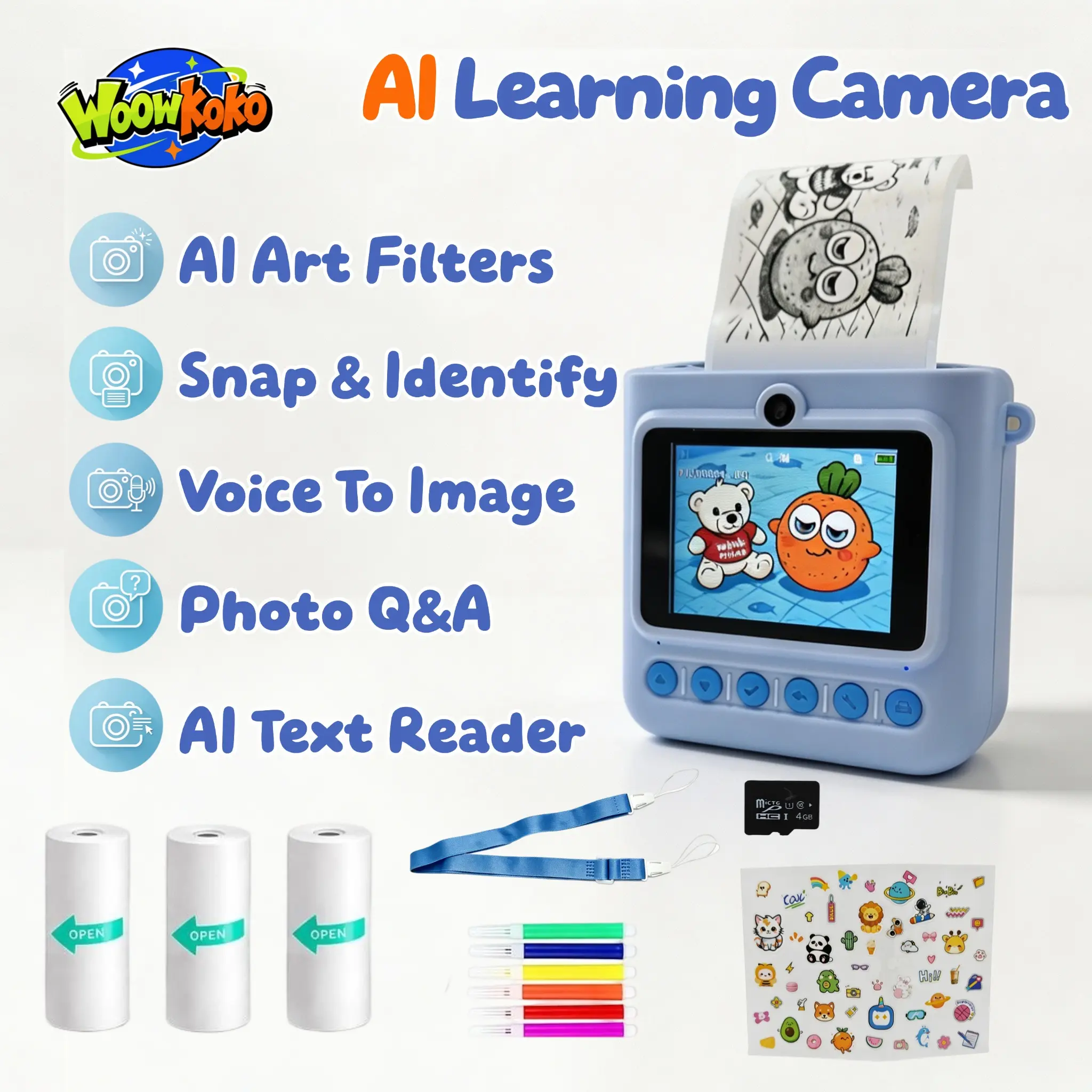 WOOWKOKO Kids' AI Learning Camera & Sticker Printer All-in-1 Device - Photo/Video, AI Filters, Voice-to-Print, Object Recognition, Q&A Assistant, Snap-to-Read with Audio - Instant Thermal Printing on Adhesive Paper, DIY Craft Toy for Journals/Gifts