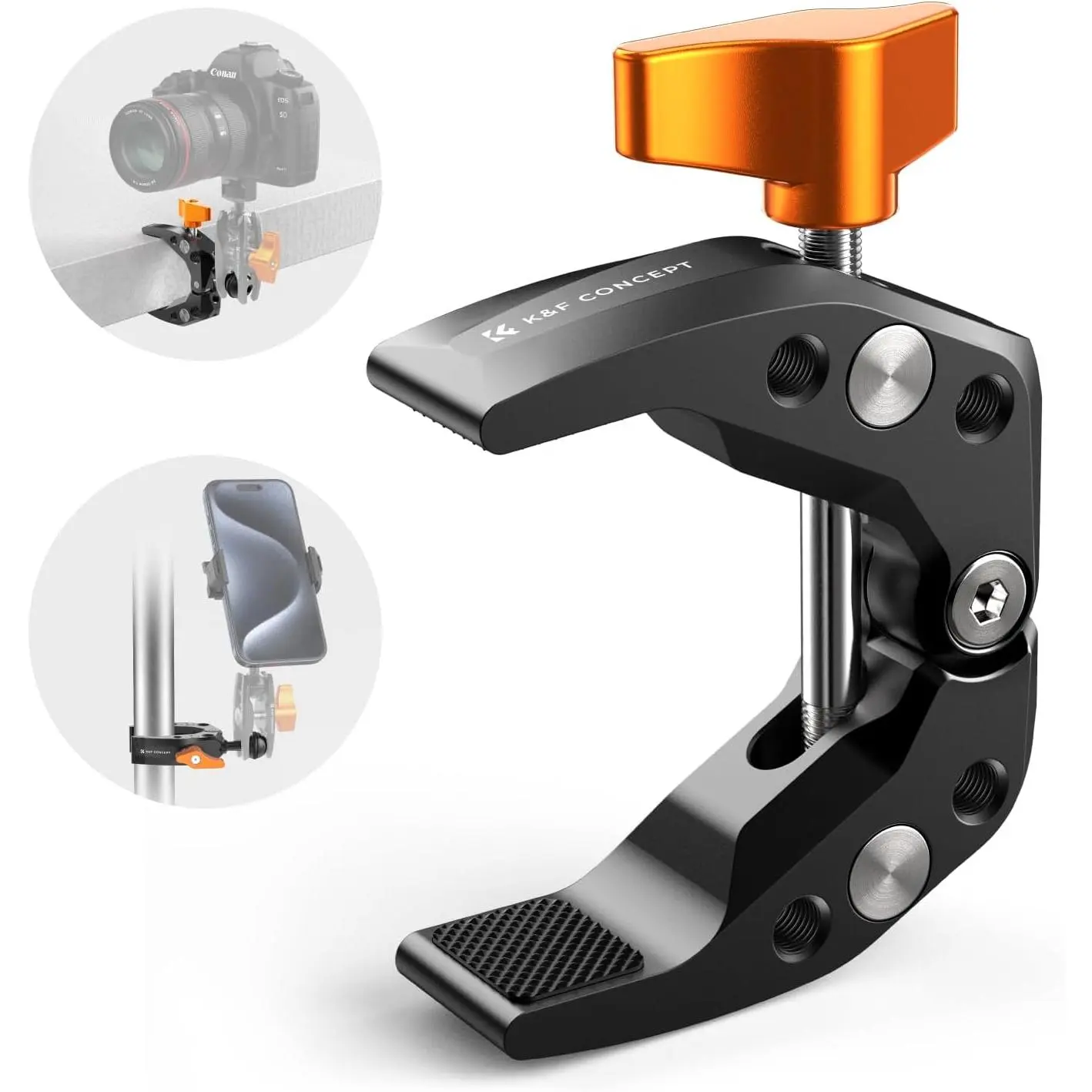 K&F CONCEPT Rubber Camera Mount Crab Clamp with T-Latch Lock, 1/4" Threaded Holes, 60mm Max Opening – Camera Accessories for Content Creators, Round Pipes, Flat Surfaces, Monitors & LED Lights