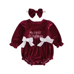 My First Christmas Baby Girl Outfit Red Velvet Smocked Bubble Romper Ruffle  Long Sleeve Bodysuit with Bow-Knot Headband Cute Newborn Xmas Photo Clothes