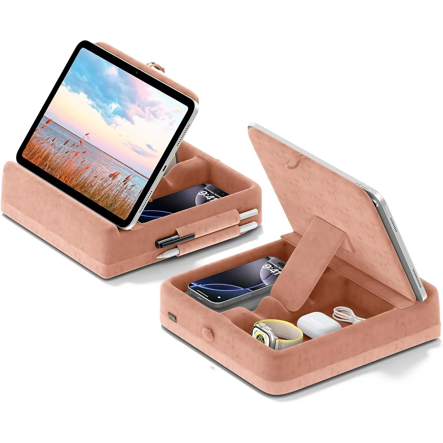 Tablet Pillow Stand with Storage, Foldable iPad Holder for Bed, Lap and Desk, Angle Adjustable Soft Pad Dock with Stylus Mount Compatible with iPad Pro 12.9, 10.5, 11, Air, Mini, Phones, Books