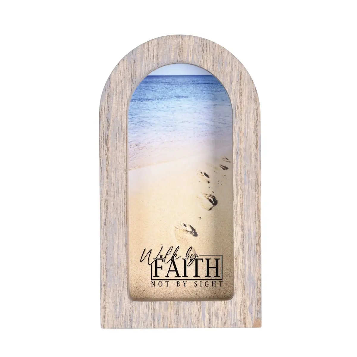 360 Stand 5x8 in Glass Photo Frame, Framed Arch "Beach Walk By Faith" Gray Wall Decor, Arch Frame